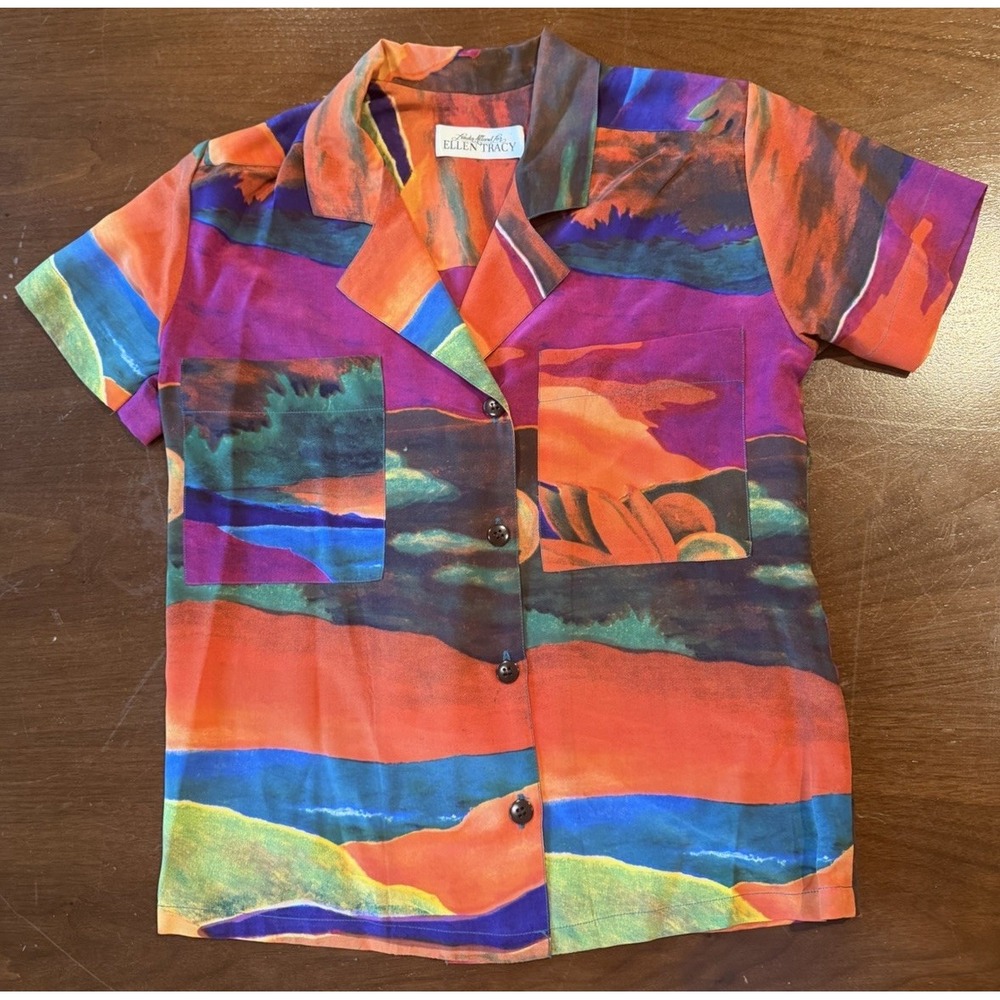 Linda Allard Ellen Tracy Abstract Art Print Button 80s  Blouse Women's Vintage